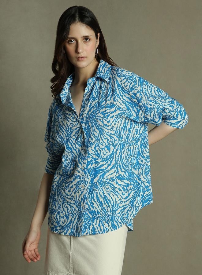 Dennis Lingo Cobalt Blue Printed Shirt for Women - Oversized Fit, Stylish - Image 1