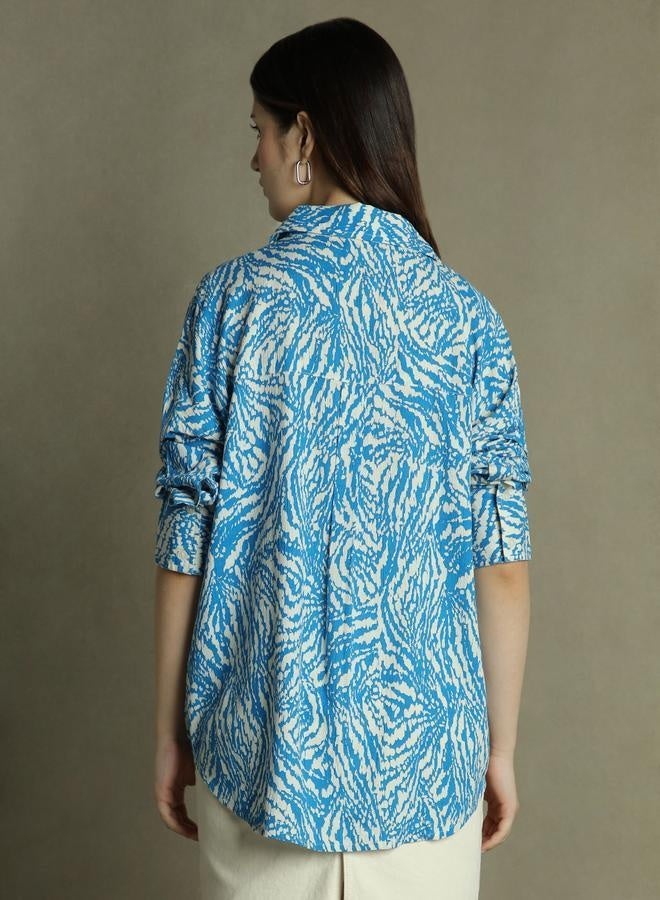 Dennis Lingo Cobalt Blue Printed Shirt for Women - Oversized Fit, Stylish - Image 2