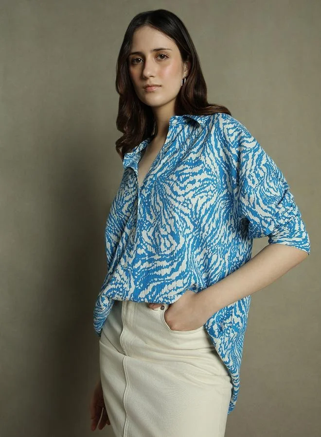 Dennis Lingo Cobalt Blue Printed Shirt for Women - Oversized Fit, Stylish
