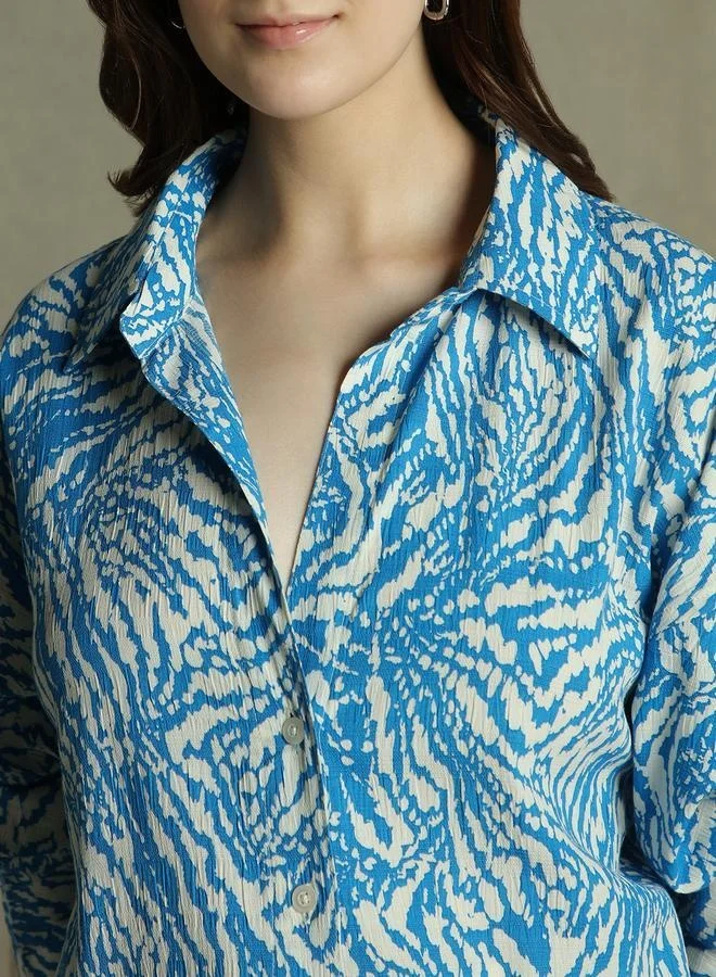 Dennis Lingo Cobalt Blue Printed Shirt for Women - Oversized Fit, Stylish