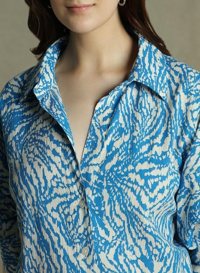 Dennis Lingo Cobalt Blue Printed Shirt for Women - Oversized Fit, Stylish - Image 4