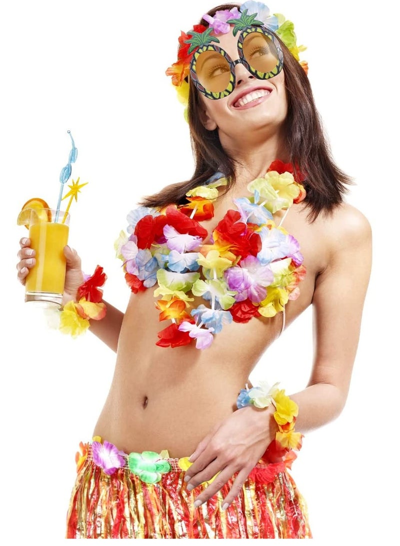 Excefore 8 Pieces Hula Skirt Costume Kit, Hawaiian Leis Grass Skirt with Flowers Bikini Top Bracelets Necklace Hair Clip Pineapple Sunglasses for Hula Costume and Beach Party, Masquerade  - Image 1