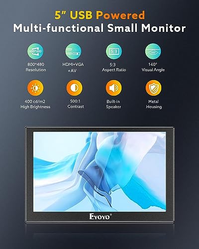 Eyoyo 5 inch Monitor, 800x480 Mini TFT LCD Screen Small Camera Video Monitor 1/4 Screw Hole with HDMI/VGA/AV Video Input for Car PC DVD DVR CCD DSLR-140° Wide Angle Metal Housing - Image 2