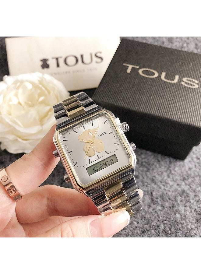 TOUS Two - Tone Square Dial Watch with Teddy Bear Motif and Dual Display