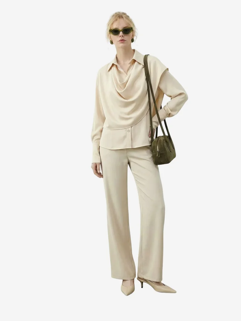 بيانكو لوتشي LUCCI Shawl Detailed Blouse and High Waist Wide Leg Pants Two-Piece Set