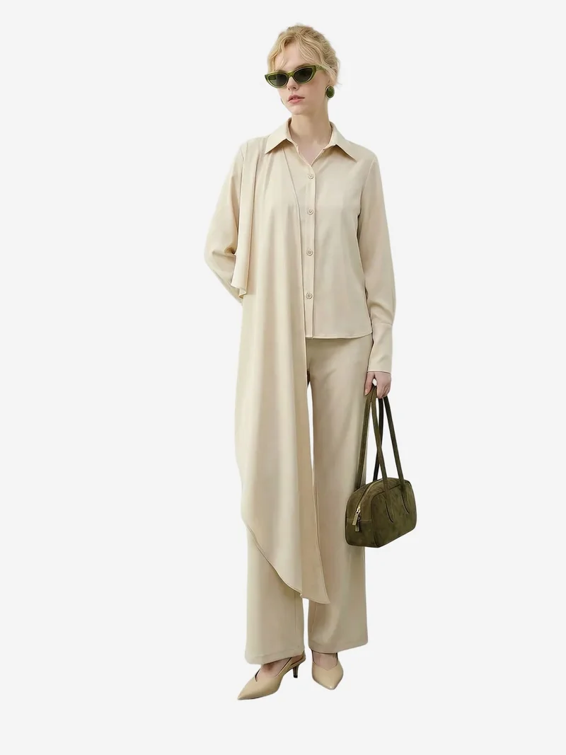 بيانكو لوتشي LUCCI Shawl Detailed Blouse and High Waist Wide Leg Pants Two-Piece Set