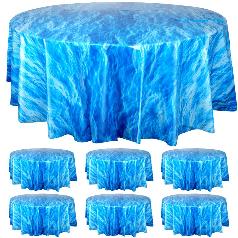 Hallswl 6 Pcs Round Ocean Waves Tablecloths Disposable Plastic Ocean Blue Table Cloth Round Table Covers for Under The Sea Beach Surf Ocean Pool Party Birthday Party Decorations 84 Inch
