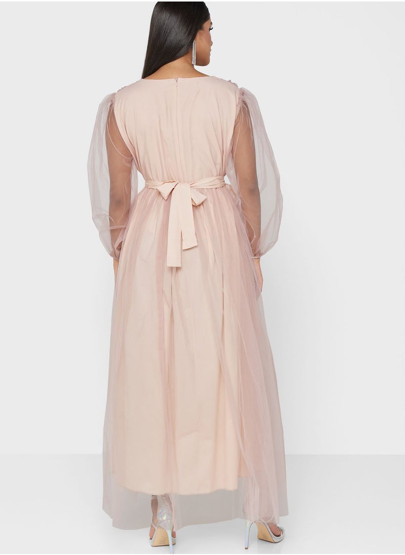 hayas closet Surplice Neck Mesh Plisse Belted Dress  - Image 2