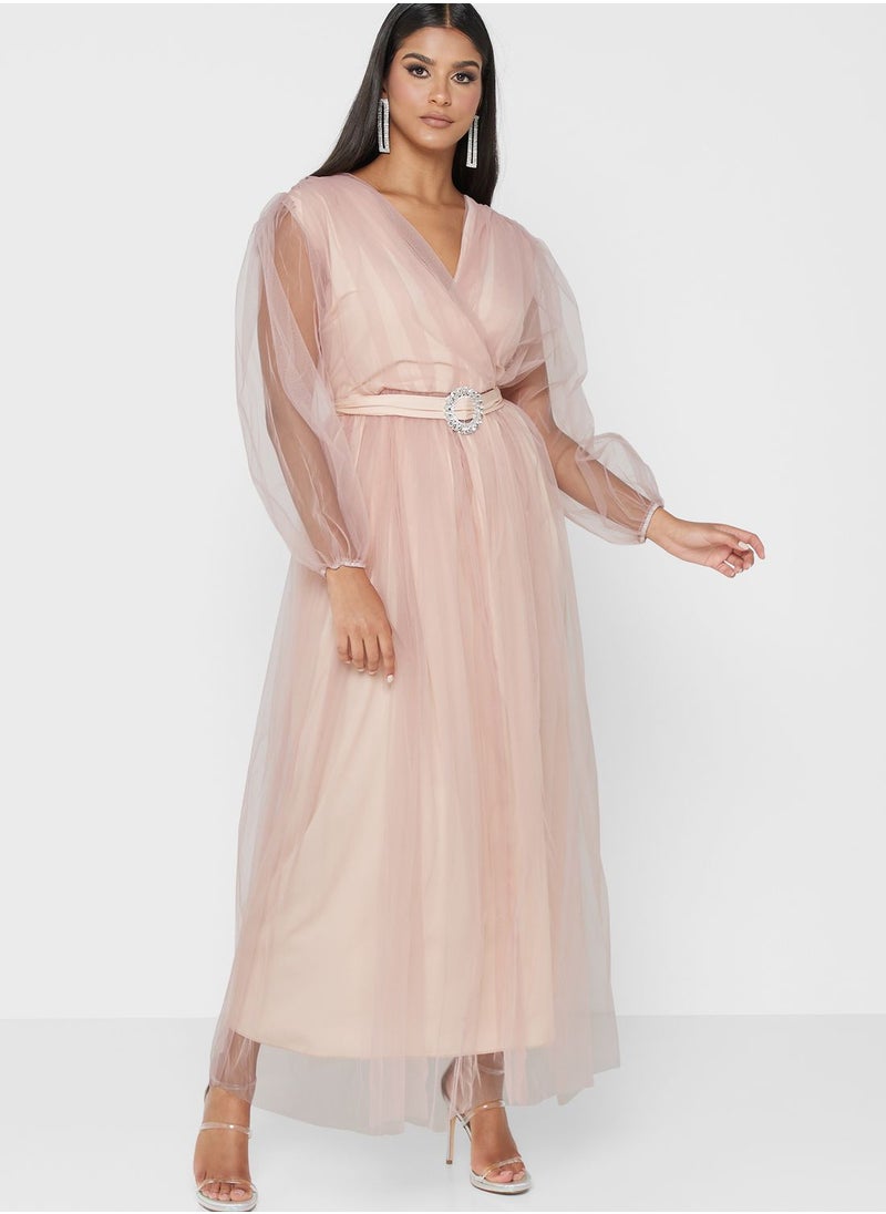 hayas closet Surplice Neck Mesh Plisse Belted Dress  - Image 4