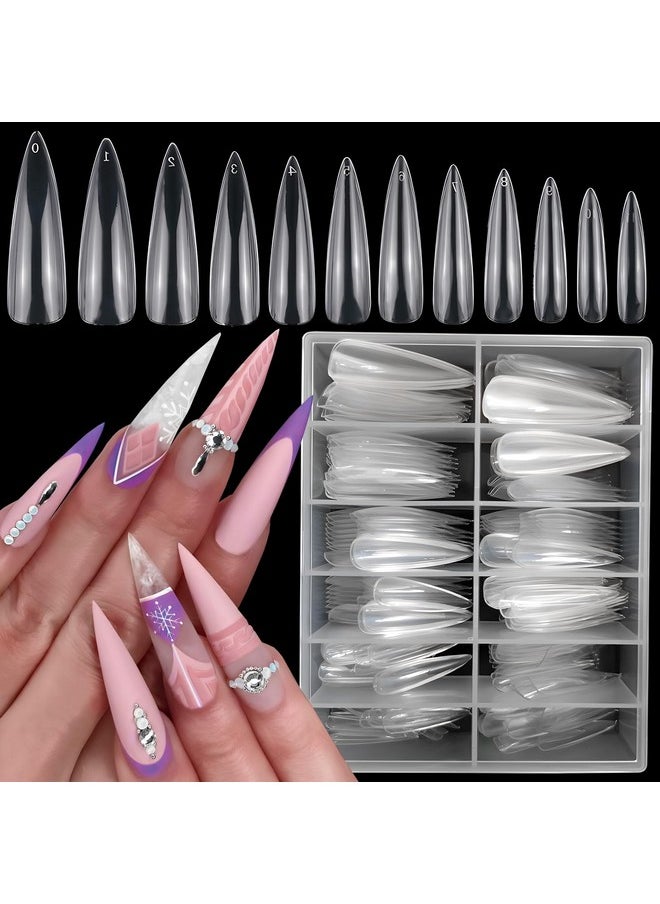 LoveOurHome 240Pc Long Stiletto Nail Tips Xl Clear Acrylic False Nails Pointy Stiletto Artificial Fake Nail Art Tips Full Cover 12 Size Manicure Diy Fingernails Design Nail Decor For Women Girls  - Image 1