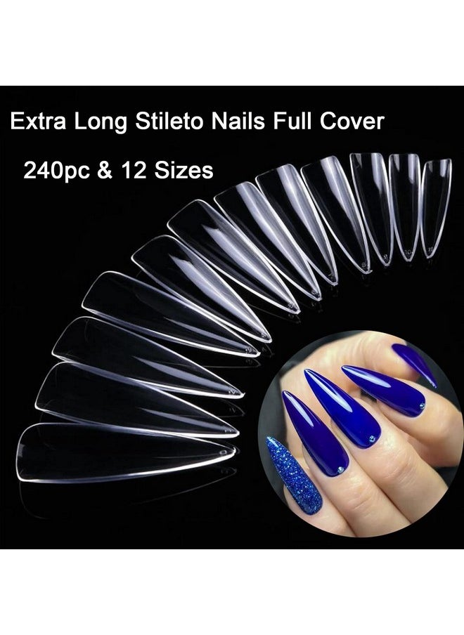 LoveOurHome 240Pc Long Stiletto Nail Tips Xl Clear Acrylic False Nails Pointy Stiletto Artificial Fake Nail Art Tips Full Cover 12 Size Manicure Diy Fingernails Design Nail Decor For Women Girls  - Image 2