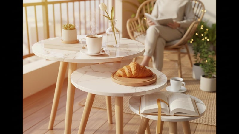 Nesting Table Set - Modern Coffee and Side Tables with a Simple Design and Wooden Legs - Space-Saving Design for Living Room, Bedroom, or Office (تصميم دائري - 10) - Image 2