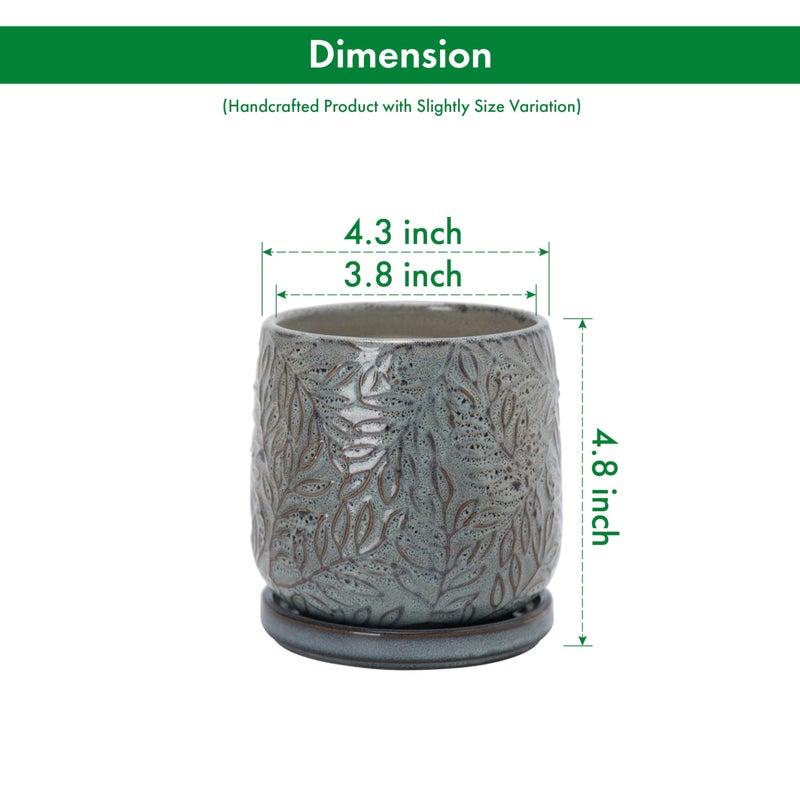 D'vine Dev 4 Inch Embossed Leaves Stoneware Planter Pot with Drainage Hole and Saucer, Graphite Blue, 27-A-Z-9 - Image 3
