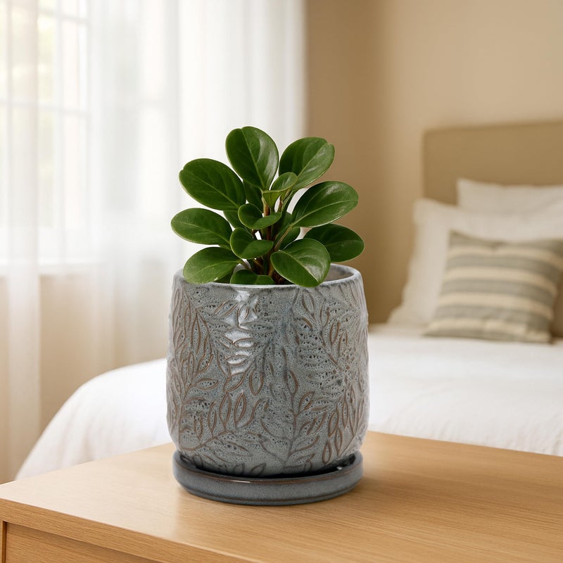 D'vine Dev 4 Inch Embossed Leaves Stoneware Planter Pot with Drainage Hole and Saucer, Graphite Blue, 27-A-Z-9 - Image 2