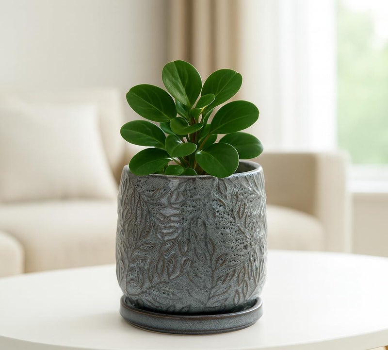 D'vine Dev 4 Inch Embossed Leaves Stoneware Planter Pot with Drainage Hole and Saucer, Graphite Blue, 27-A-Z-9 - Image 5