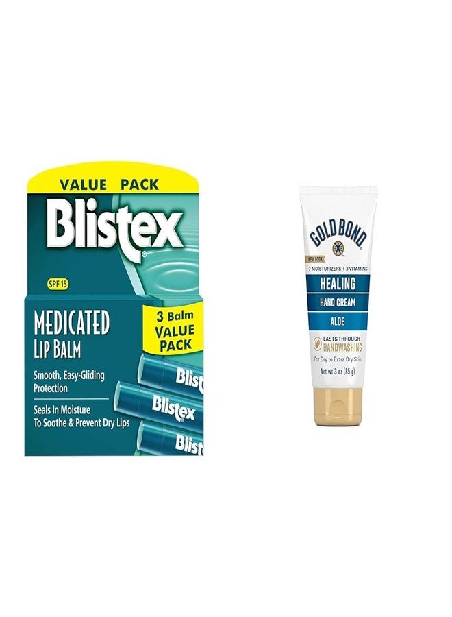 Blistex Medicated Lip Balm, 0.15 Ounce, 3 Count & Gold Bond Healing Hand Cream, 3 oz., With Aloe, Moisture That Lasts Through Handwashing - Image 1