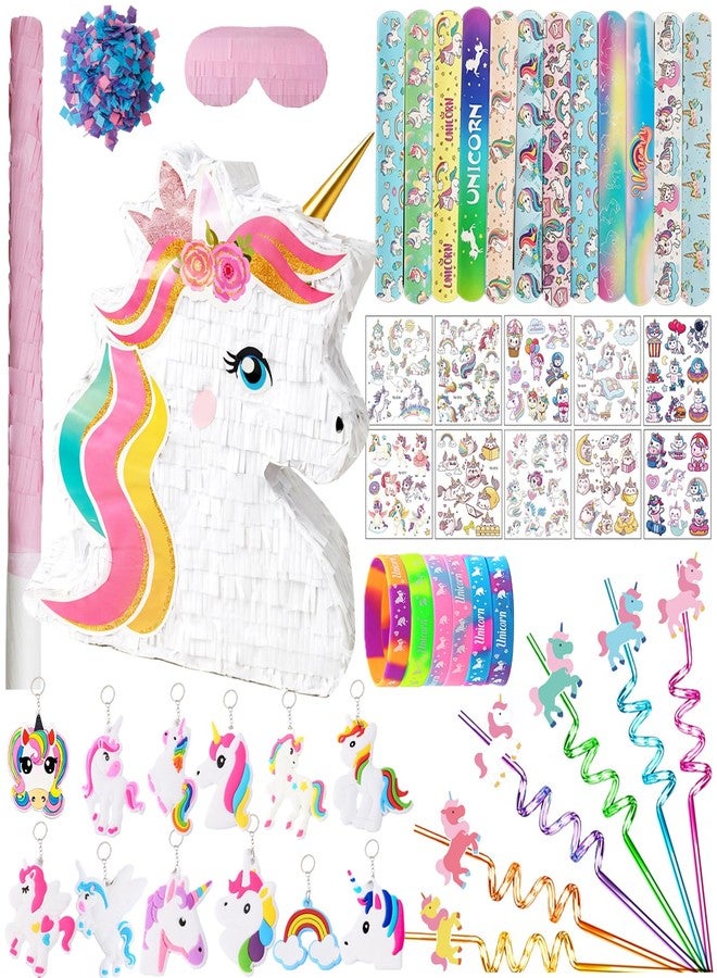 FIGEPO Unicorn Pinata Party Favors for Girl Birthday Party Supplies with Unicorn Pinata Stickers Slap Bracelets Keychains Silicone Bands and Straws (White) - Image 1