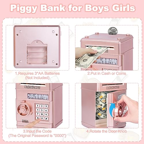 Refasy Piggy Bank Toy,Kids Toys Electronic Piggy Bank for Boys Girls Kids Safe ATM Bank Cash Coin Can for Children Money Bank Toys Money Saving Box Birthday Gift for Kids 6-8(Rose Gold) - Image 4