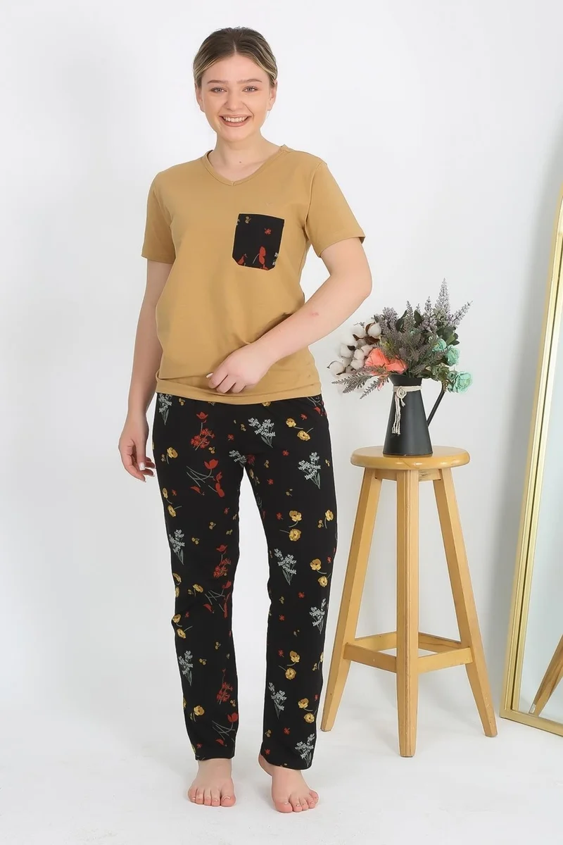 اكبينيز Women's Short Sleeve Cotton Combed Pajama Set Mustard 4214