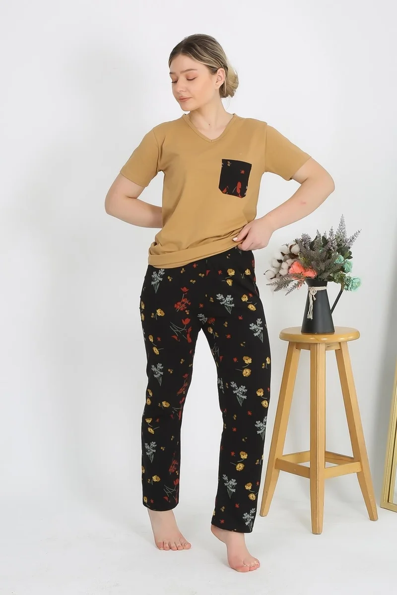 اكبينيز Women's Short Sleeve Cotton Combed Pajama Set Mustard 4214
