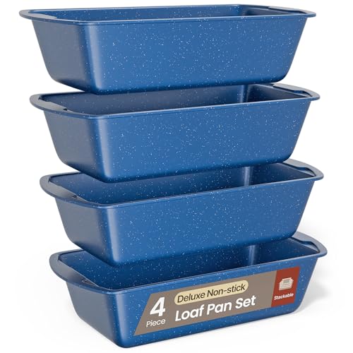 BAKKENMASTER Nonstick Loaf Pan Set Pack of 4, Carbon Steel 11" Large Baking Bread Pan, Oven Safe Up to 450°F, PFOA, PFOS, PTFE Free, Space Saving Stackable Design, Stain Resistant, Dishwasher Friendly, Blue Marble - Image 1
