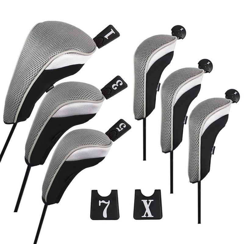 Andux 6pcs/Set Golf Club Head Covers Woods Driver Fairway Hybrid Set (3 Hybrids + 3 Woods) Black/Grey - Image 1