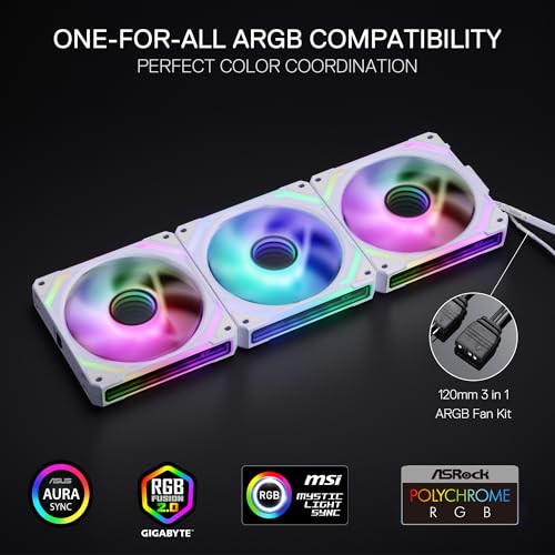 Redragon GCF012 Reverse 120mm PC Case Fan, Daisy-Chain Connection, 5V 3Pin ARGB Lighting, 4 Pin PWM Case Fan, for Radiator/Computer Case Cooling, 120x120x25mm, 3 Pack, White - Image 5