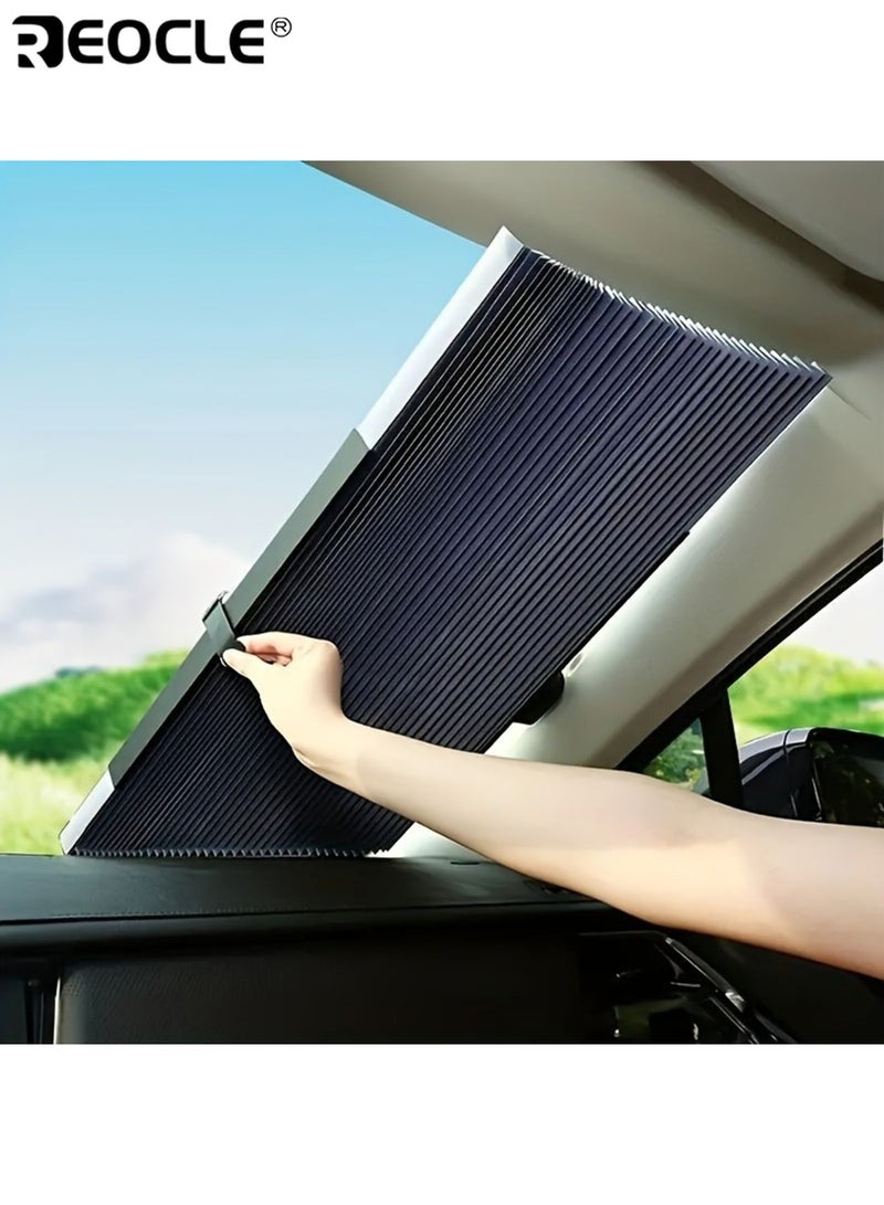 REOCLE Car Sun Shade Curtain Automatic Retractable Windshield Sunshade UV Protection Heat Insulation Roll-Up Design for Front Windshield Durable Weather Vehicle Accessory Easy Installation Shade - Image 2