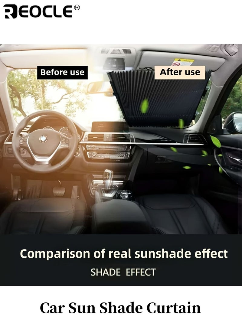 REOCLE Car Sun Shade Curtain Automatic Retractable Windshield Sunshade UV Protection Heat Insulation Roll-Up Design for Front Windshield Durable Weather Vehicle Accessory Easy Installation Shade - Image 1