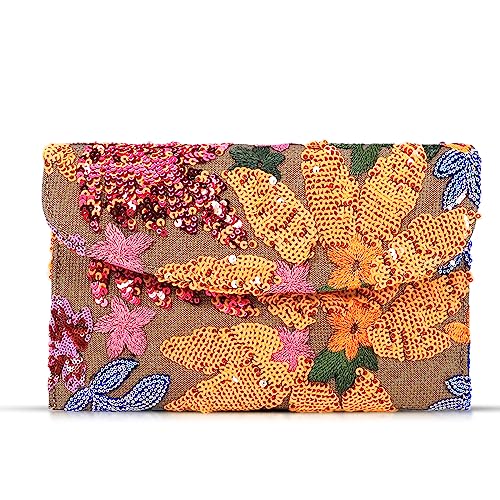 QTKJ Envelope Package, Clutch Purses for Women, Sequin Embroidered Flowers Straw Bag, Bohemian Handmade Handbags, Beach Bag for Vacation, Travel, Banquet (Orange Flower) - Image 1
