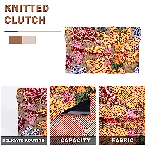 QTKJ Envelope Package, Clutch Purses for Women, Sequin Embroidered Flowers Straw Bag, Bohemian Handmade Handbags, Beach Bag for Vacation, Travel, Banquet (Orange Flower) - Image 3