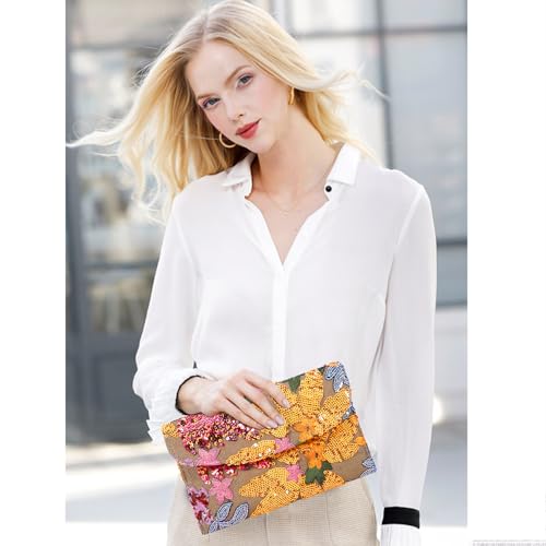 QTKJ Envelope Package, Clutch Purses for Women, Sequin Embroidered Flowers Straw Bag, Bohemian Handmade Handbags, Beach Bag for Vacation, Travel, Banquet (Orange Flower) - Image 5