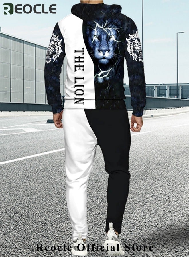 ريوكل طقم هودي رجالي مكون من قطعتين، سويت شيرت، بقلنسوة بأكمام طويلة، مطبوع ثلاثي الأبعاد، مع سحاب، بنطال رياضي، بدلة كاجوال - Image 2