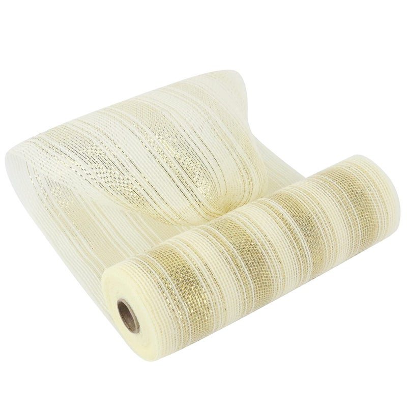 MEEDEE Christmas Mesh Ribbon for Wreath Gold and Ivory Ombr Deco Mesh 10 Inch Gold Metallic Mesh Crafts Deco Mesh Supplies for Xmas Tree Garland Staircase Swag Mailbox Centerpiece Making 30 Feet