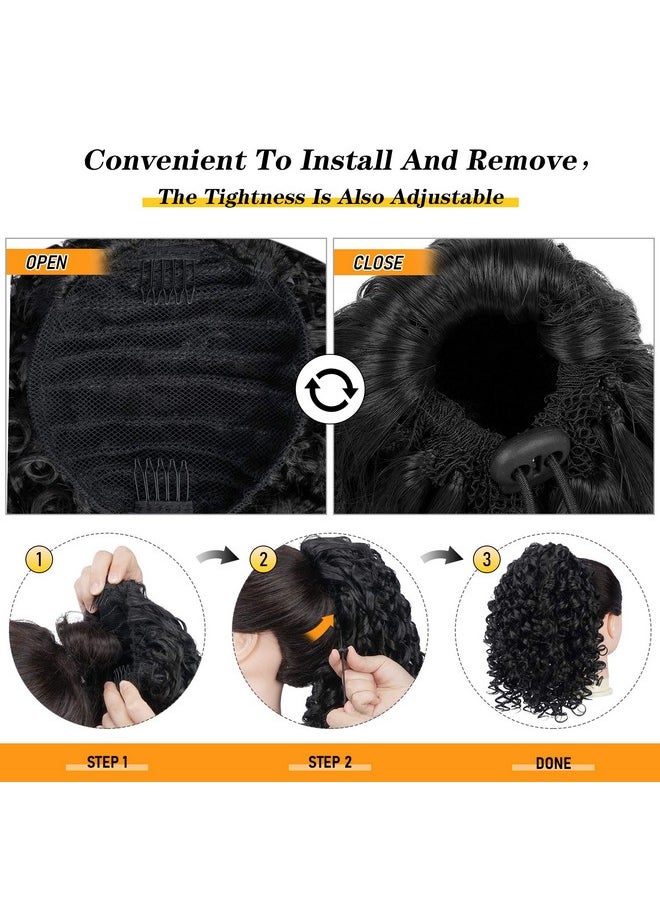 PEACOCO - Short Curly Ponytails Drawstring Ponytail Hair Piece For Black Women 6 Inch Kinky Ponytail Extension For Kids Black Girls (1B) - Image 1