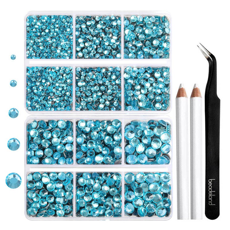 6736pcs Hotfix Rhinestones FlatbackBlue Rhinestones for Crafts Clothes Mixed 5 Sizes Hotfix Crystals with Tweezers and Wax Pencil Kit SS6SS30Aquamarine