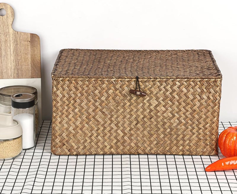 Hipiwe Wicker Shelf Baskets Bin with Lid, Handwoven Seagrass Basket Storage Bins Rectangular Household Basket Boxes for Shelf Wardrobe Home Organizer, Coffee X-Large - Image 2
