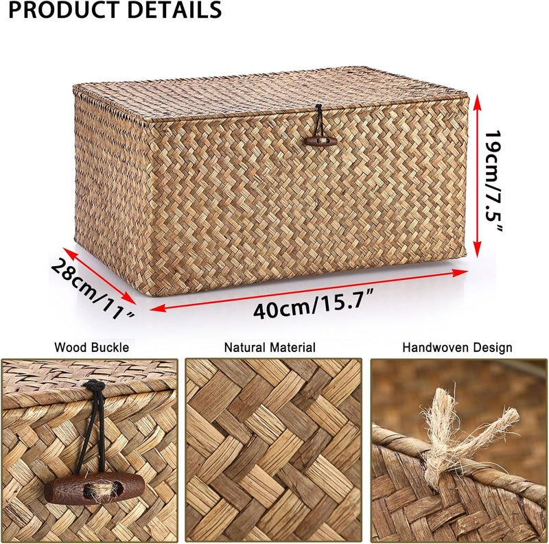 Hipiwe Wicker Shelf Baskets Bin with Lid, Handwoven Seagrass Basket Storage Bins Rectangular Household Basket Boxes for Shelf Wardrobe Home Organizer, Coffee X-Large - Image 5