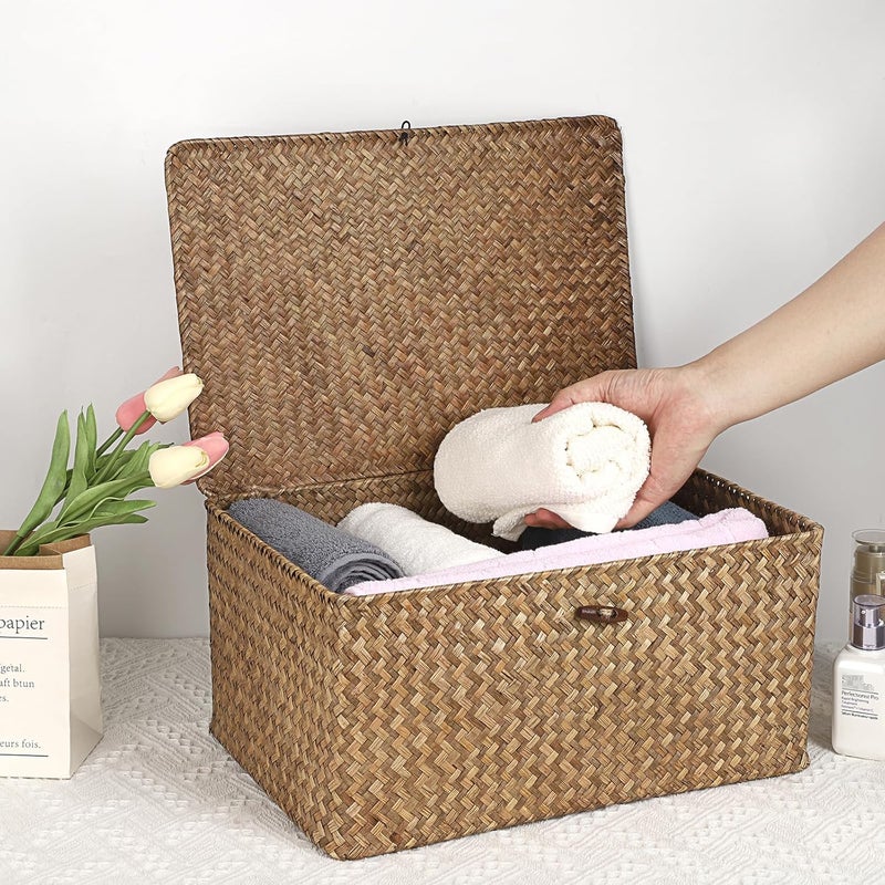 Hipiwe Wicker Shelf Baskets Bin with Lid, Handwoven Seagrass Basket Storage Bins Rectangular Household Basket Boxes for Shelf Wardrobe Home Organizer, Coffee X-Large - Image 3