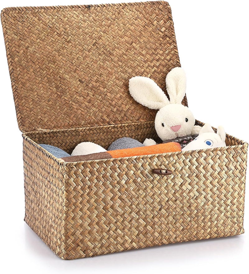 Hipiwe Wicker Shelf Baskets Bin with Lid, Handwoven Seagrass Basket Storage Bins Rectangular Household Basket Boxes for Shelf Wardrobe Home Organizer, Coffee X-Large - Image 1