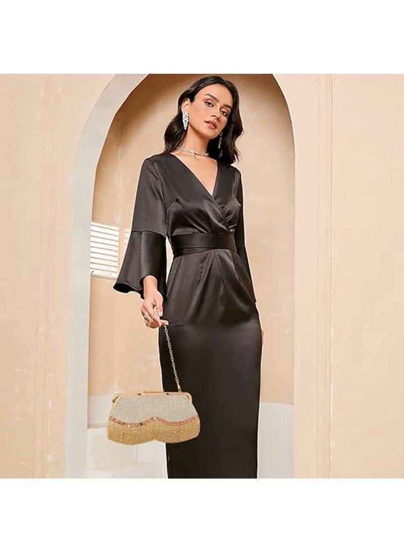 Zikra Evening Clutch Purse for Women, Glitter Rhinestone Tassel Dinner Bag, Crossbody Shoulder Handbag for Wedding Party, Golden - Image 2