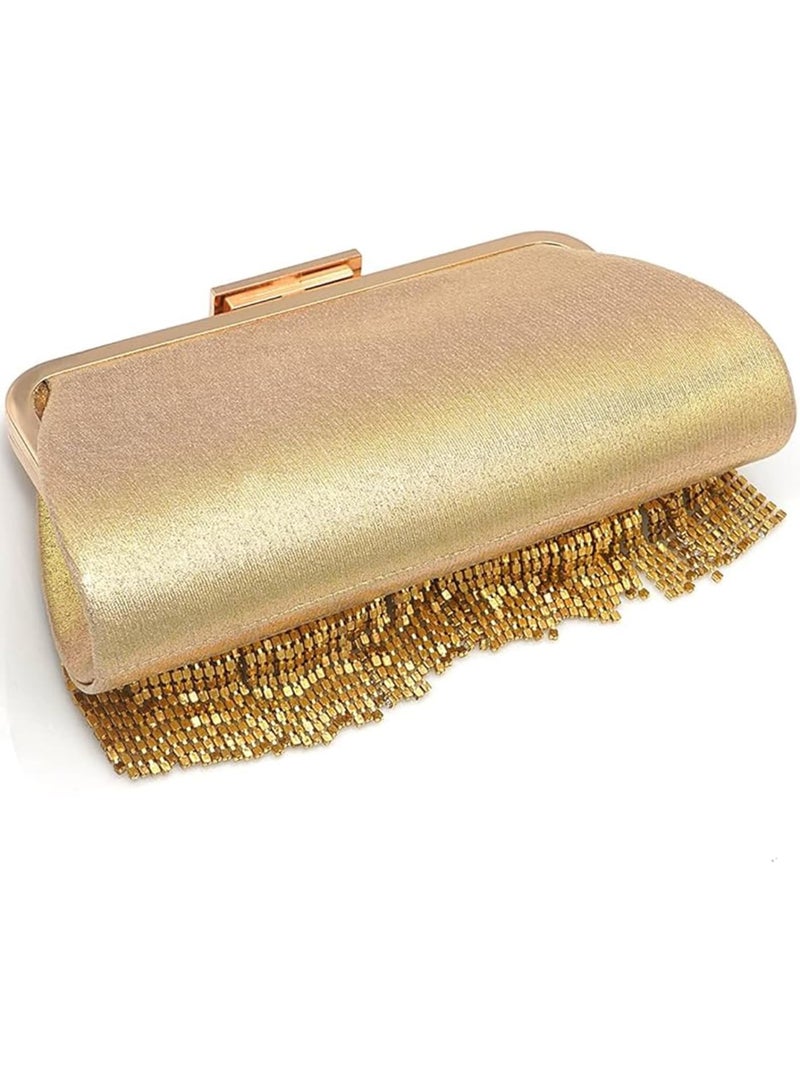 Zikra Evening Clutch Purse for Women, Glitter Rhinestone Tassel Dinner Bag, Crossbody Shoulder Handbag for Wedding Party, Golden - Image 5