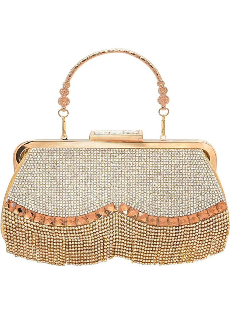 Zikra Evening Clutch Purse for Women, Glitter Rhinestone Tassel Dinner Bag, Crossbody Shoulder Handbag for Wedding Party, Golden - Image 1
