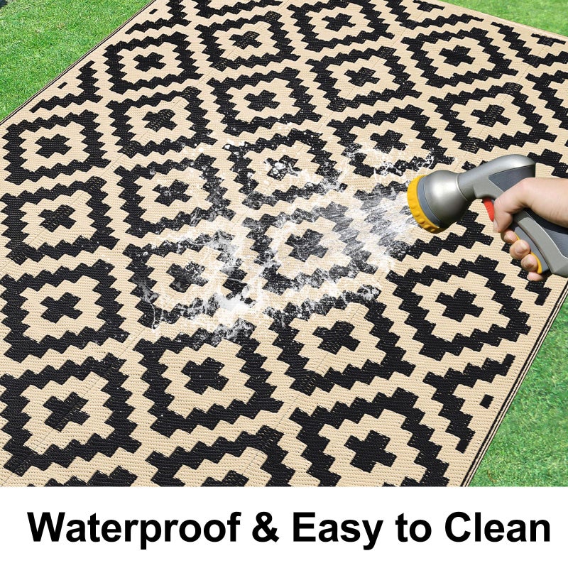 Smiry Waterproof Outdoor Rug 9x12 ft, Reversible Plastic Straw Patio Camping Rugs, Outdoor Indoor RV Mat Carpet for Patio, Outside Entry, Backyard, Deck, Bench, Picnic, Camper, Black & Beige - Image 2