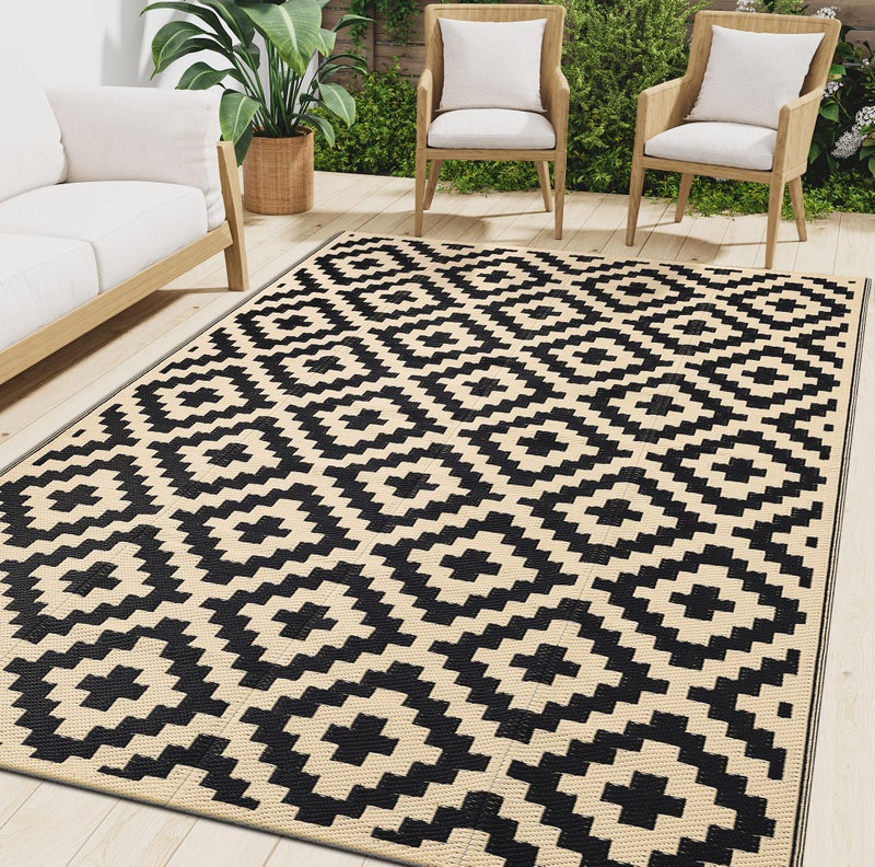Smiry Waterproof Outdoor Rug 9x12 ft, Reversible Plastic Straw Patio Camping Rugs, Outdoor Indoor RV Mat Carpet for Patio, Outside Entry, Backyard, Deck, Bench, Picnic, Camper, Black & Beige - Image 1