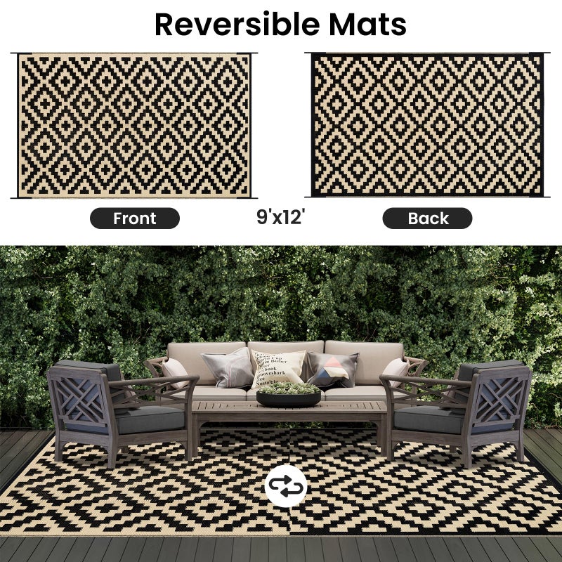 Smiry Waterproof Outdoor Rug 9x12 ft, Reversible Plastic Straw Patio Camping Rugs, Outdoor Indoor RV Mat Carpet for Patio, Outside Entry, Backyard, Deck, Bench, Picnic, Camper, Black & Beige - Image 3