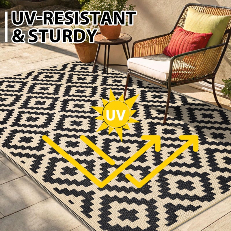 Smiry Waterproof Outdoor Rug 9x12 ft, Reversible Plastic Straw Patio Camping Rugs, Outdoor Indoor RV Mat Carpet for Patio, Outside Entry, Backyard, Deck, Bench, Picnic, Camper, Black & Beige - Image 5
