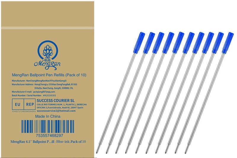 MengRan 4.5'' Ballpoint Ink Pen Refills for Twist Pens,1mm Medium Tip, Compatible with Cross Pen Refills (8511)(10 Pcs Blue Ink) - Image 5