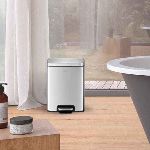 EKO Madison 6L / 1.6 Gal Bathroom Trash Can with Lid and Removable Inner Basket, Rectangular Small Step Trash Can, Brushed Stainless Steel - Image 2