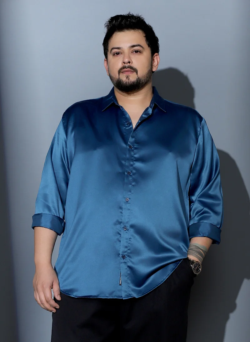 Instafab Plus Instafab Plus Men Solid-Satin Regular Shirt | Spread Collar , Long Cuffed Sleeves | Button Closure , Curved Hem | Solid Plain Material | Woven Fabric For Party & Evening Wear | Berry Blue